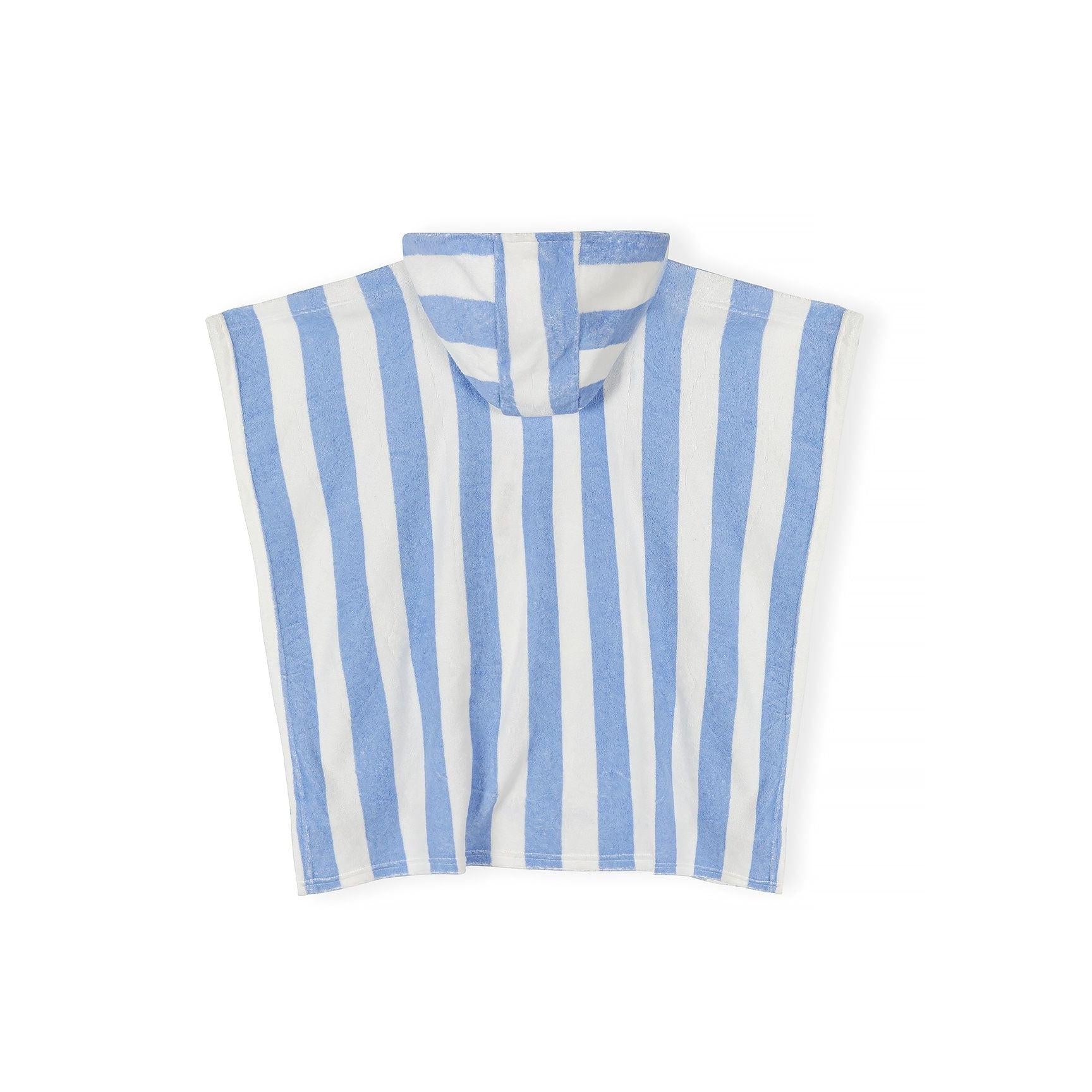 Flat lay view of blue and white striped hooded towelling cover-up showing poncho shape and hood detail