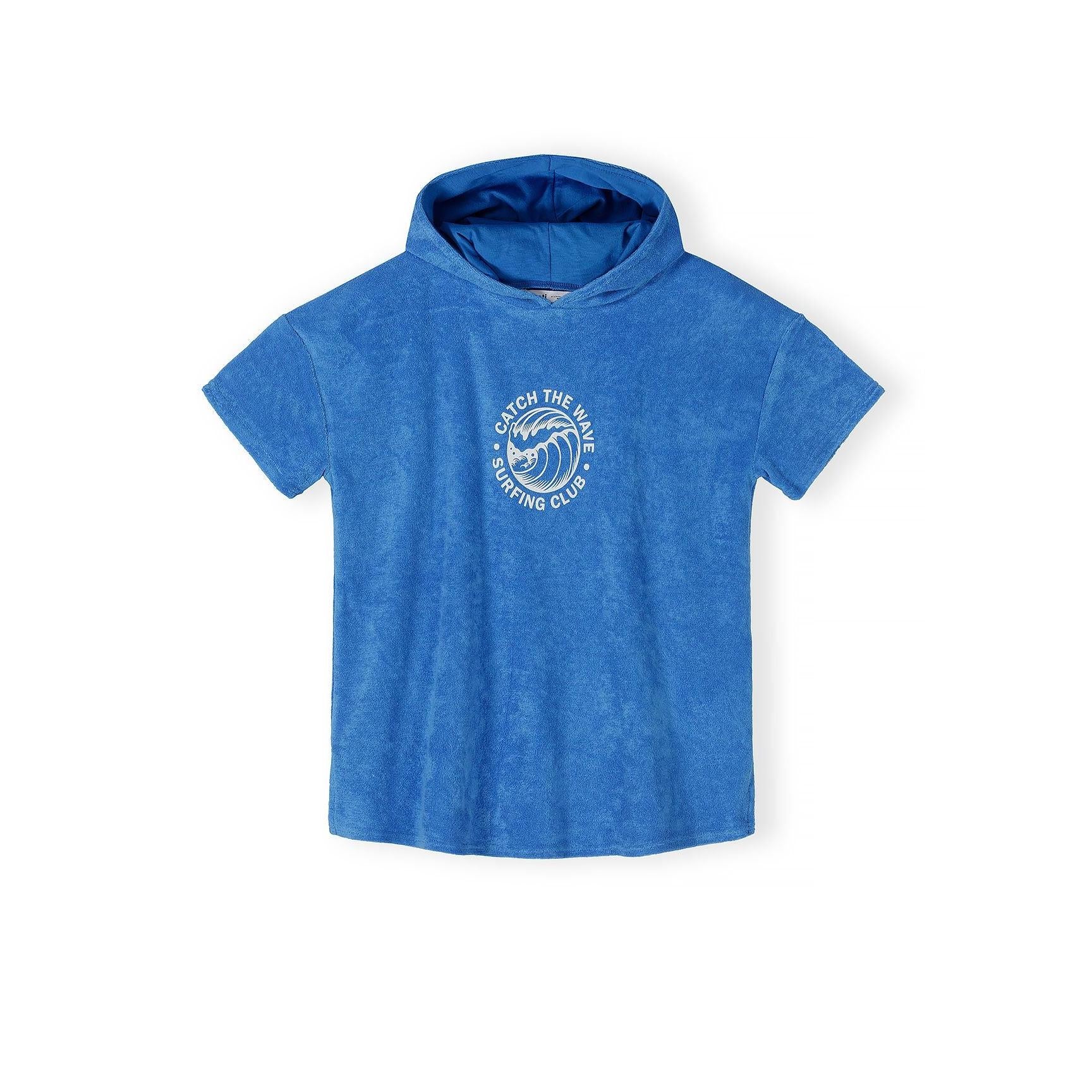 Front view of blue hooded towelling cover-up with white Catch the Wave surfing club graphic on chest, displayed on white background