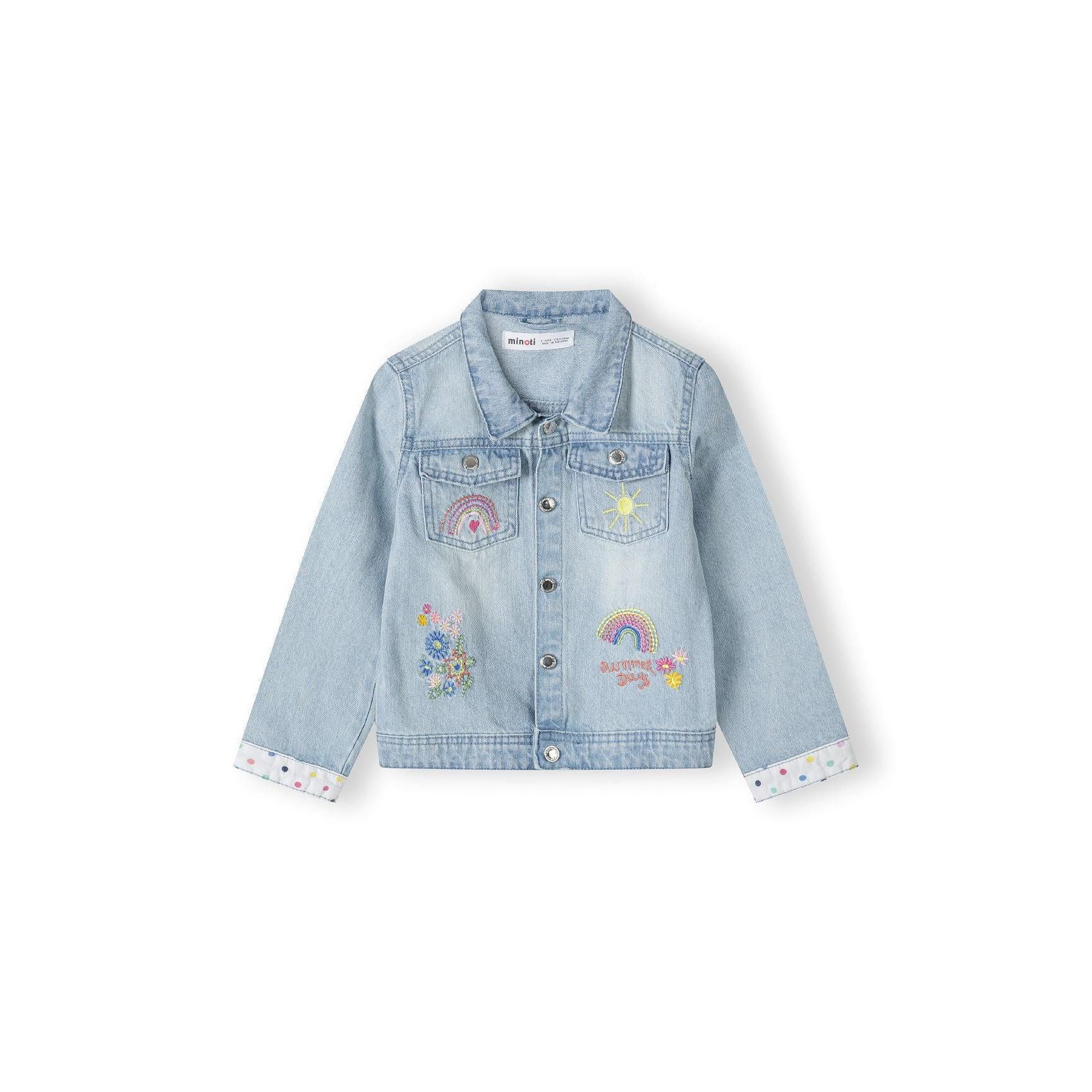 Back view of light blue denim jacket showing embroidered rainbow and floral designs on white background