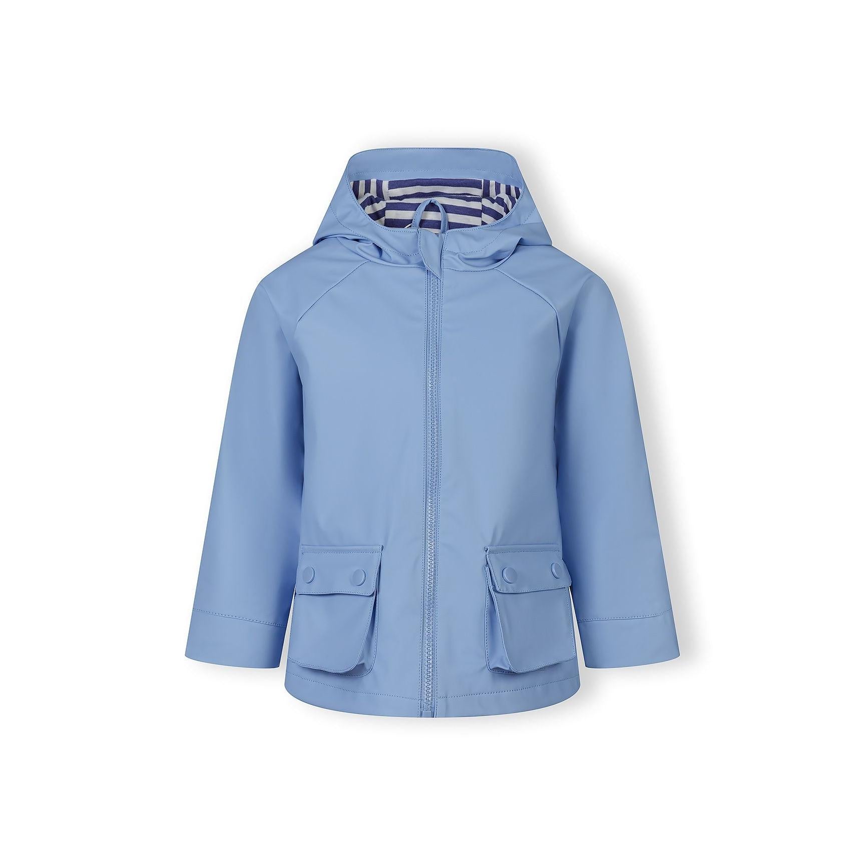 Blue rain jacket with fixed hood laid flat showing front view with zip closure, two button pockets and striped hood lining on white background