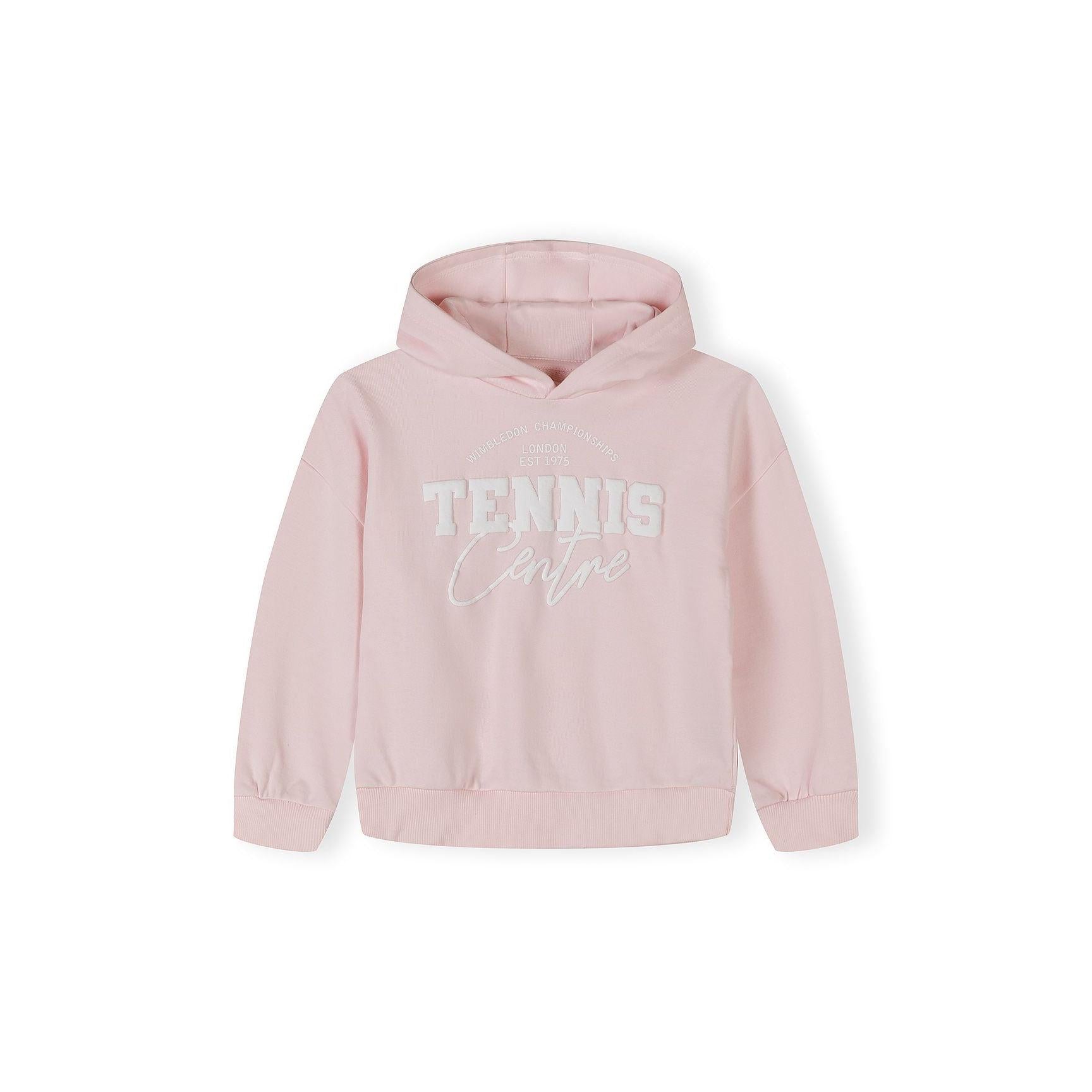 Light pink hooded sweatshirt with Tennis Camps white print, flat lay product shot on white background