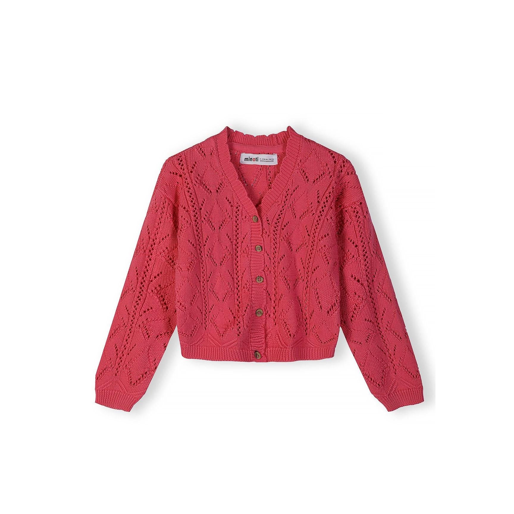 Pink pointelle cardigan laid flat on white background showing delicate openwork knitting pattern and button-up front design