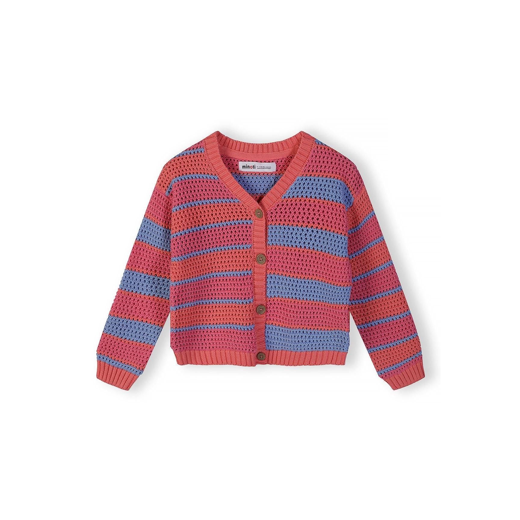 Front view of coral and blue striped cotton cardigan with wooden buttons on white background