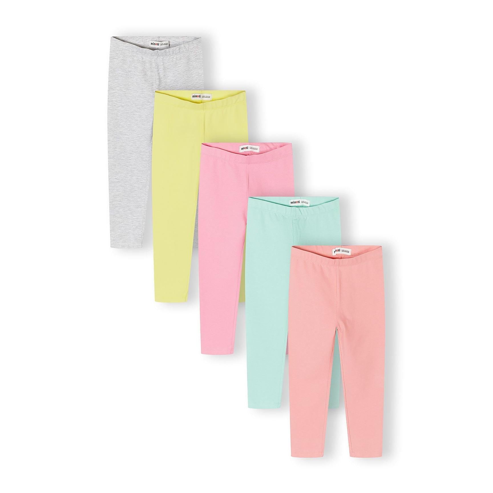 Five pastel coloured leggings fanned out showing grey marl, yellow, pink, mint green and coral colours with white Minoti labels visible on white background