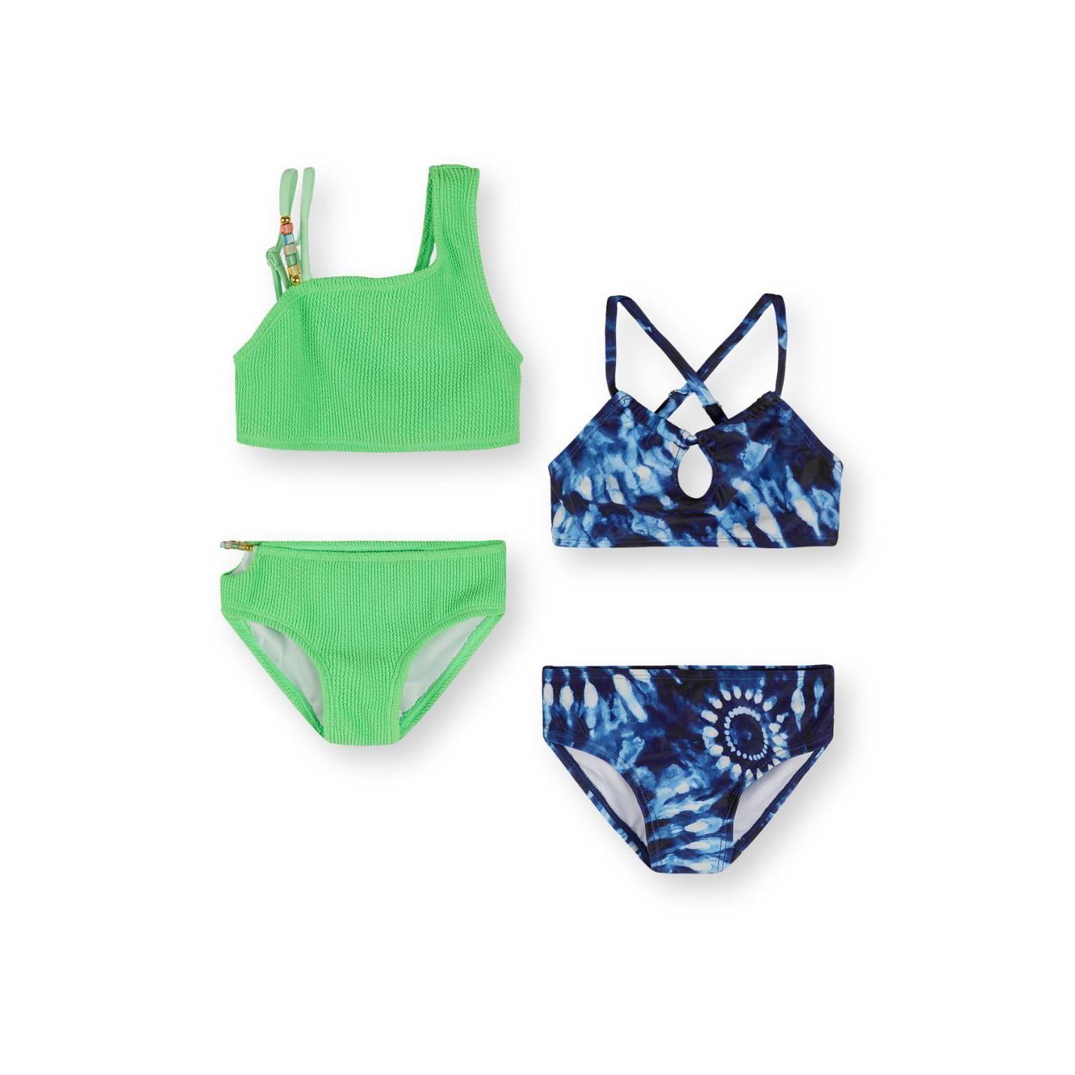 Emerald green textured bikini set and blue tie-dye bikini set with cross-back straps displayed on white background