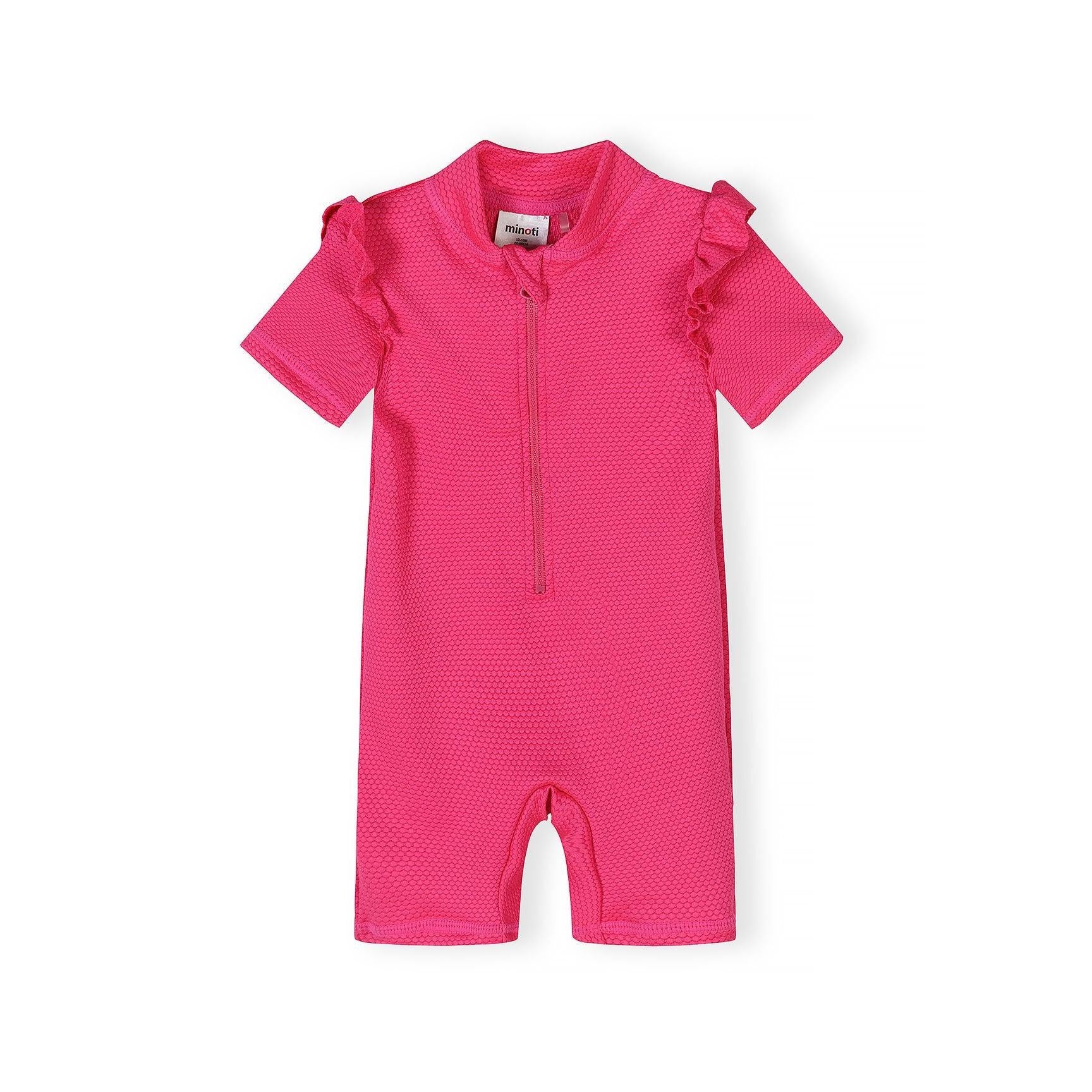 Pink textured rash suit back view showing ruffle sleeves and round neckline on white background