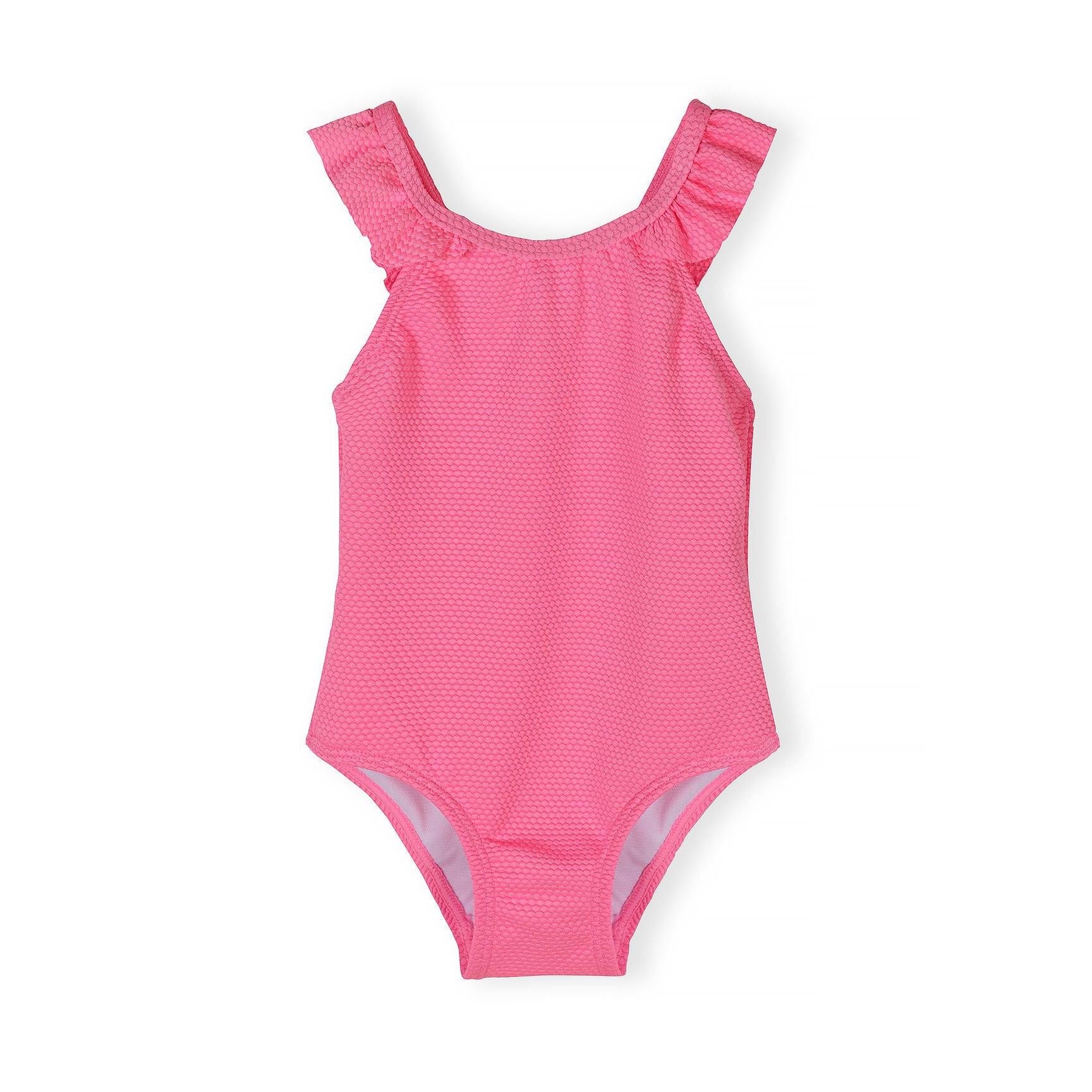 Back view of neon pink swimsuit showing frilled cross-back straps and bow detail on white background