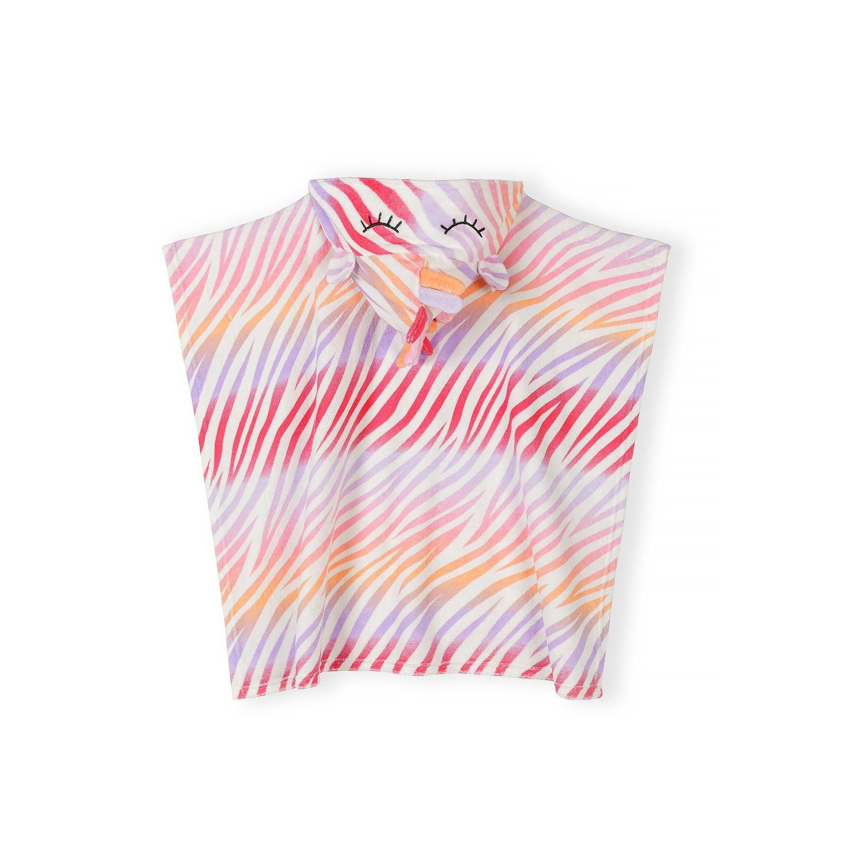 Close-up detail of multicoloured zebra stripe pattern on white towelling fabric showing pink purple orange gradient stripes