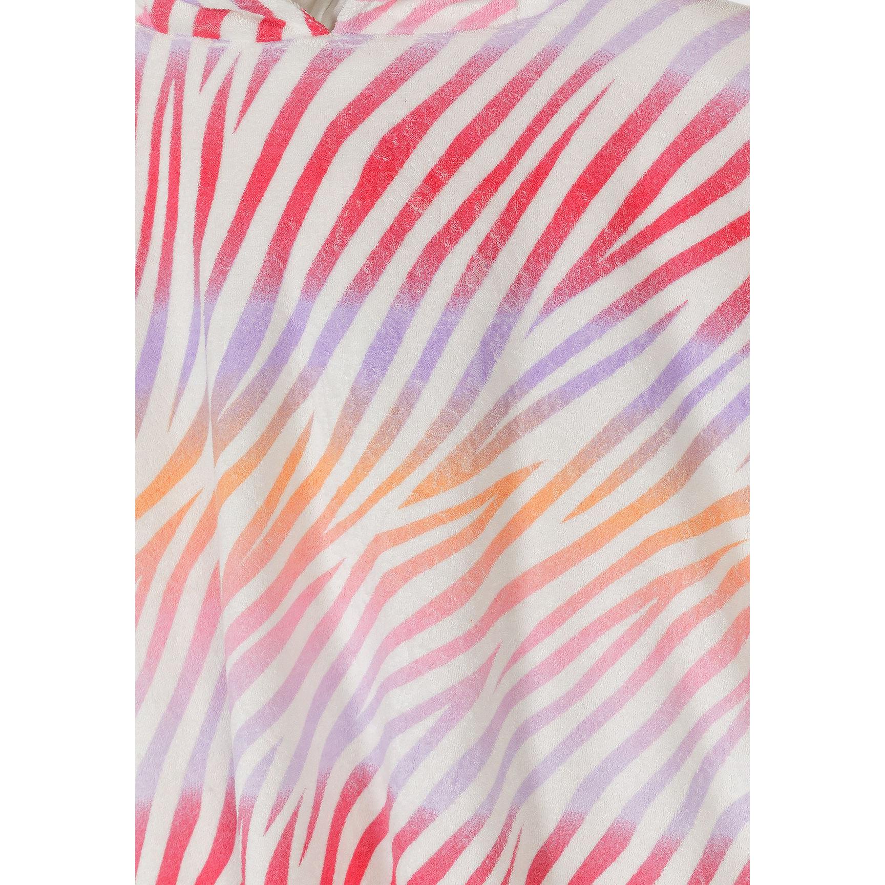 Close-up detail of multicoloured zebra stripe pattern on white towelling fabric showing pink purple orange gradient stripes