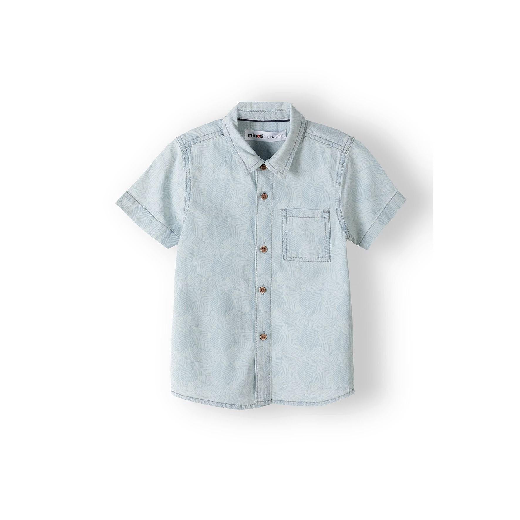 Light blue bleached denim shirt laid flat showing front view with wooden-effect buttons, chest pocket and rolled short sleeves on white background