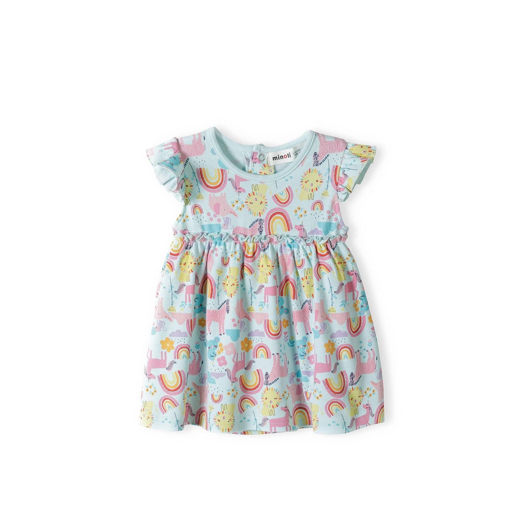 Turquoise bodysuit dress with unicorn and rainbow print, featuring frill sleeves and empire waist, displayed flat against white background