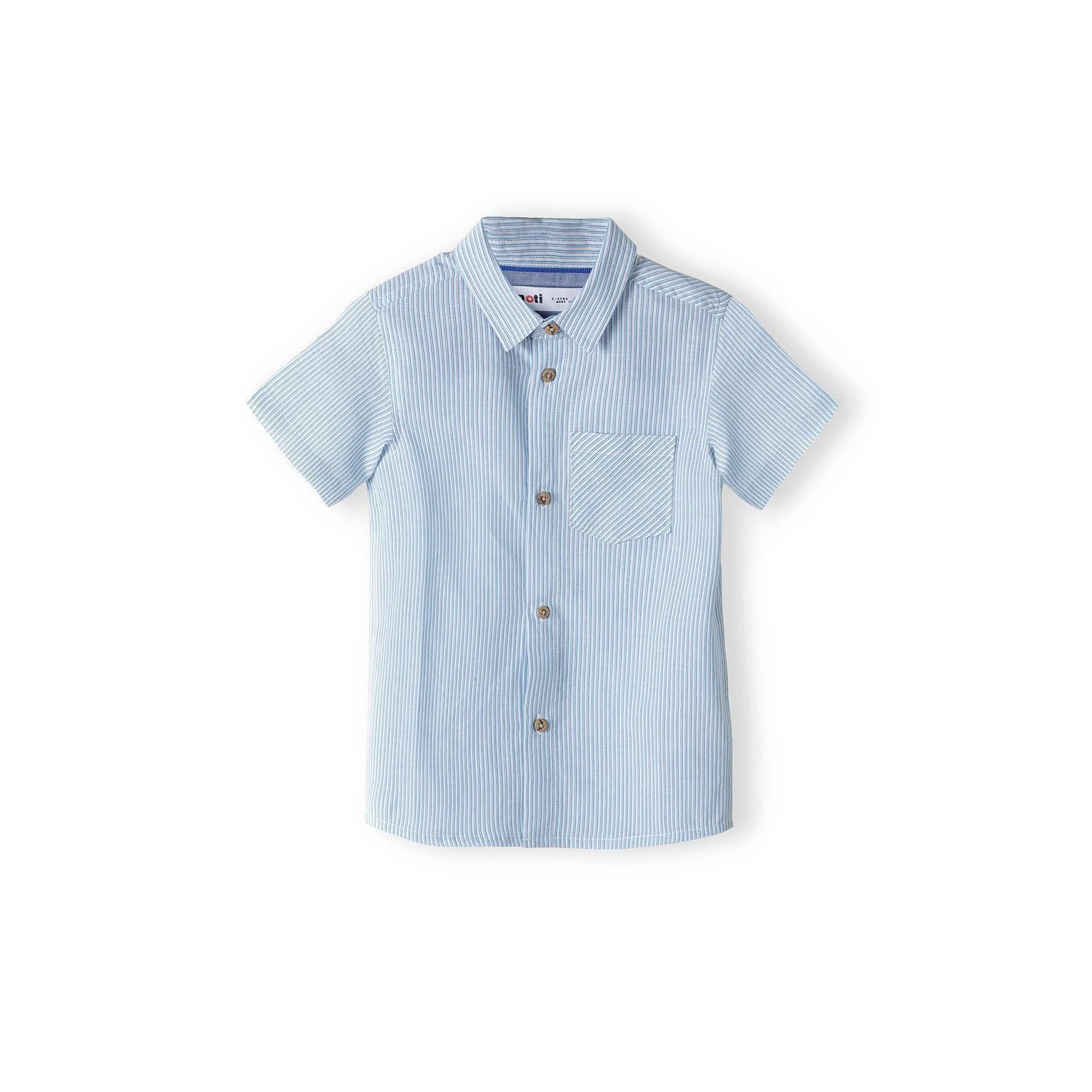 Back view of blue and white striped short sleeve poplin shirt showing classic collar and button placket detail