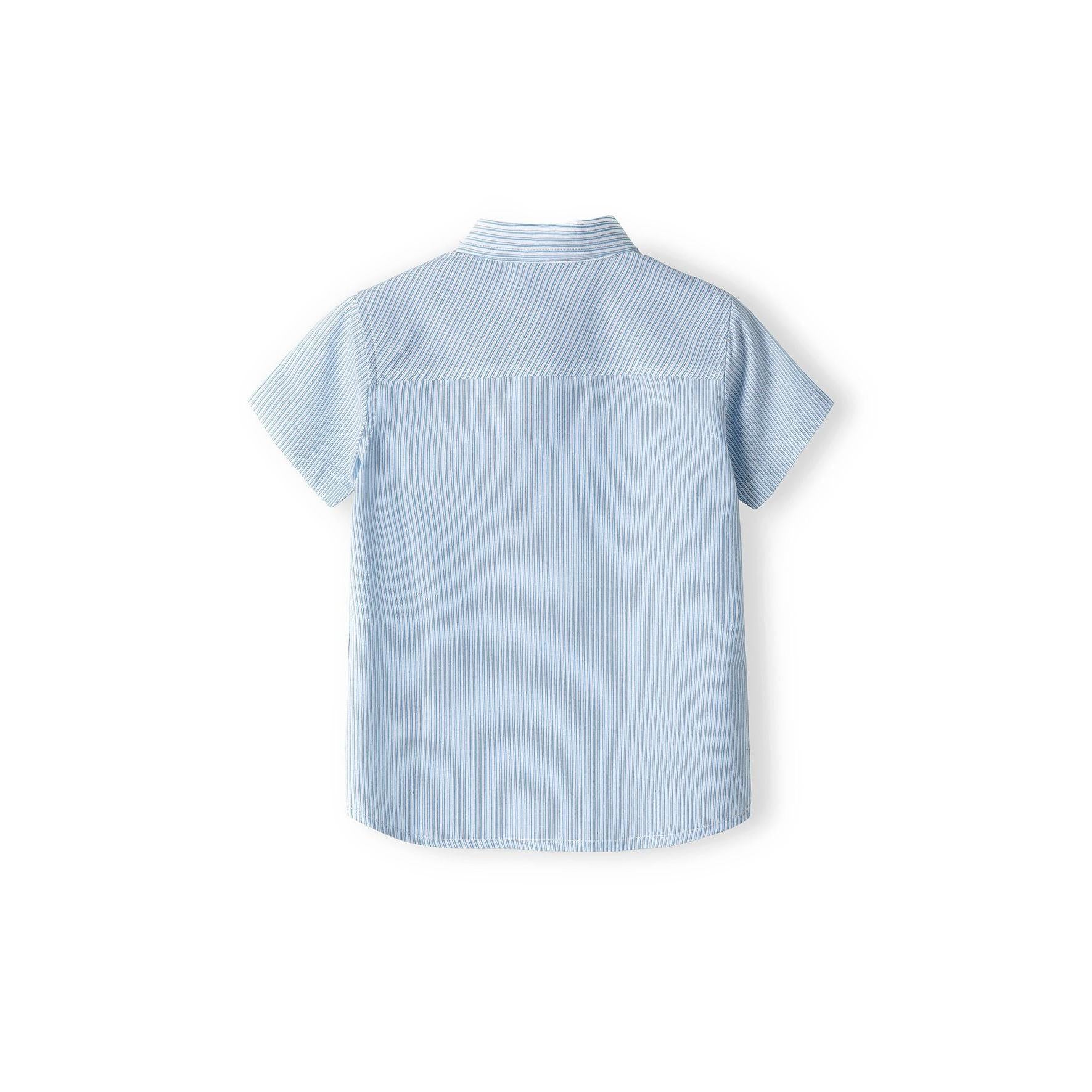 Back view of blue and white striped short sleeve poplin shirt showing classic collar and button placket detail
