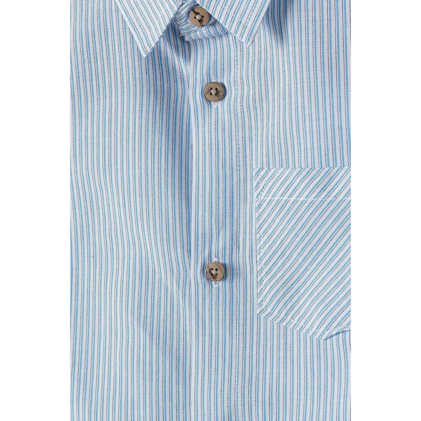 Close-up detail of blue and white striped poplin shirt showing wooden buttons, collar, and chest pocket with stripe pattern