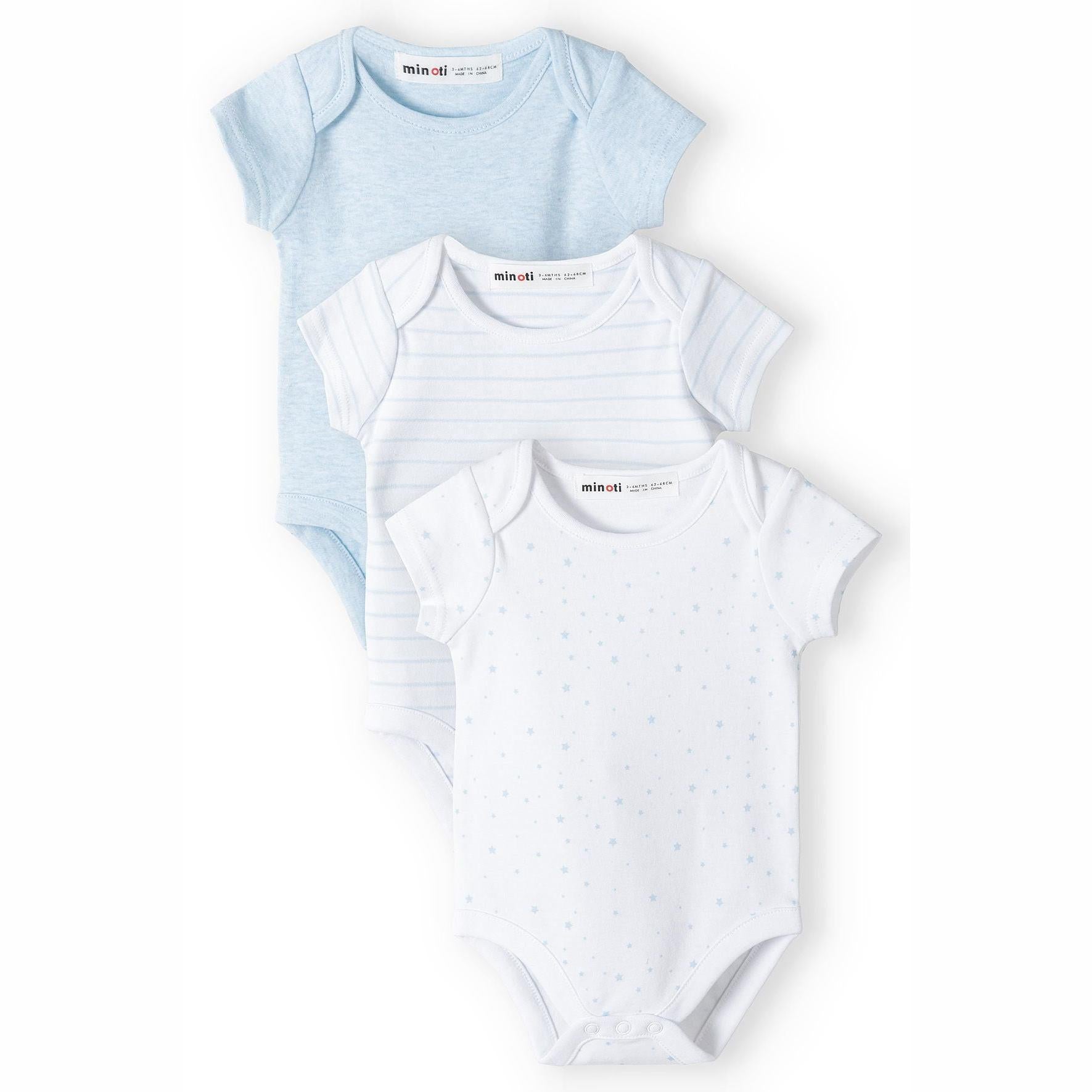 Three baby bodysuits arranged in a stack showing light blue solid, white with blue stripes, and white with blue stars on white background