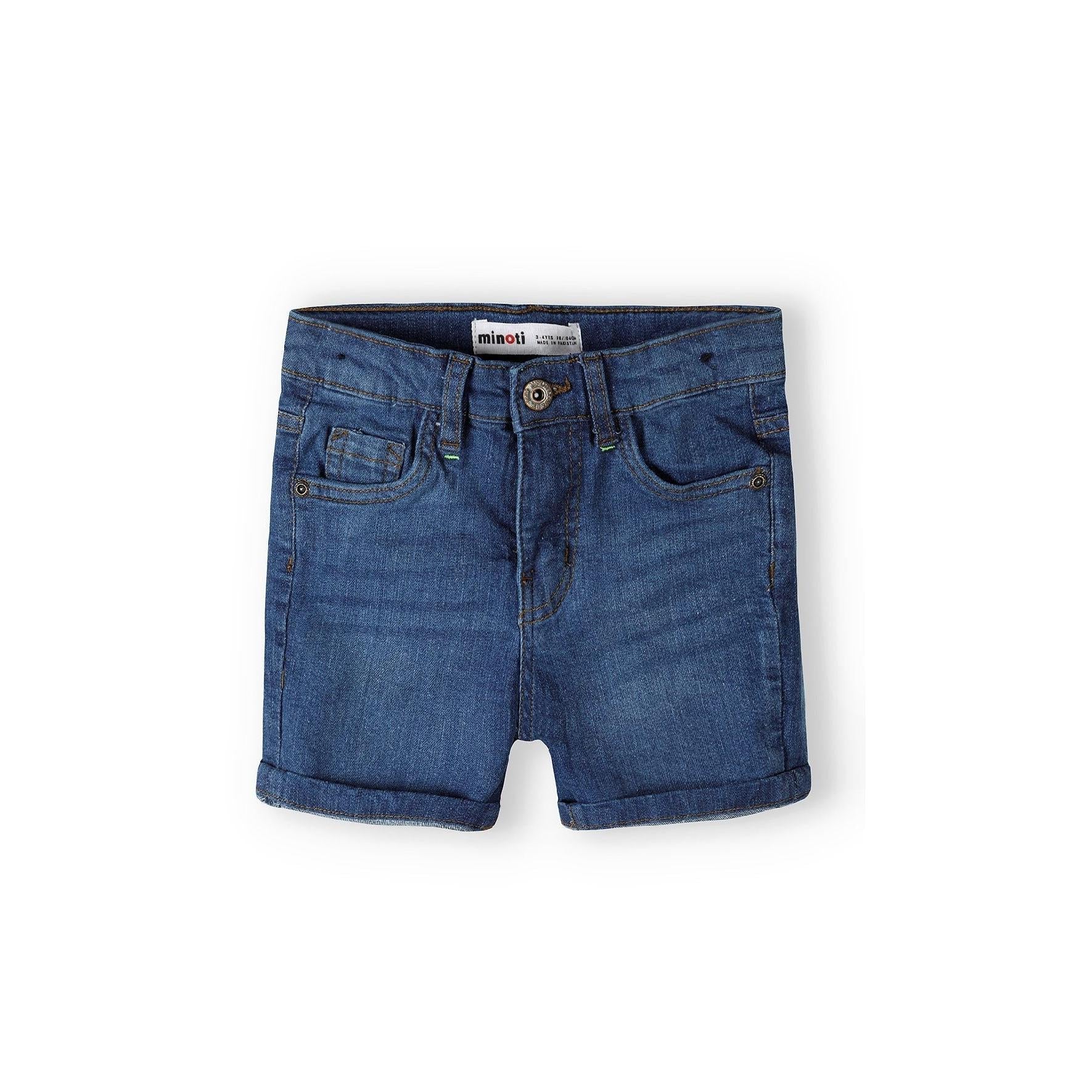 Front view of navy denim shorts with five pocket design, rolled cuffs and button closure on white background