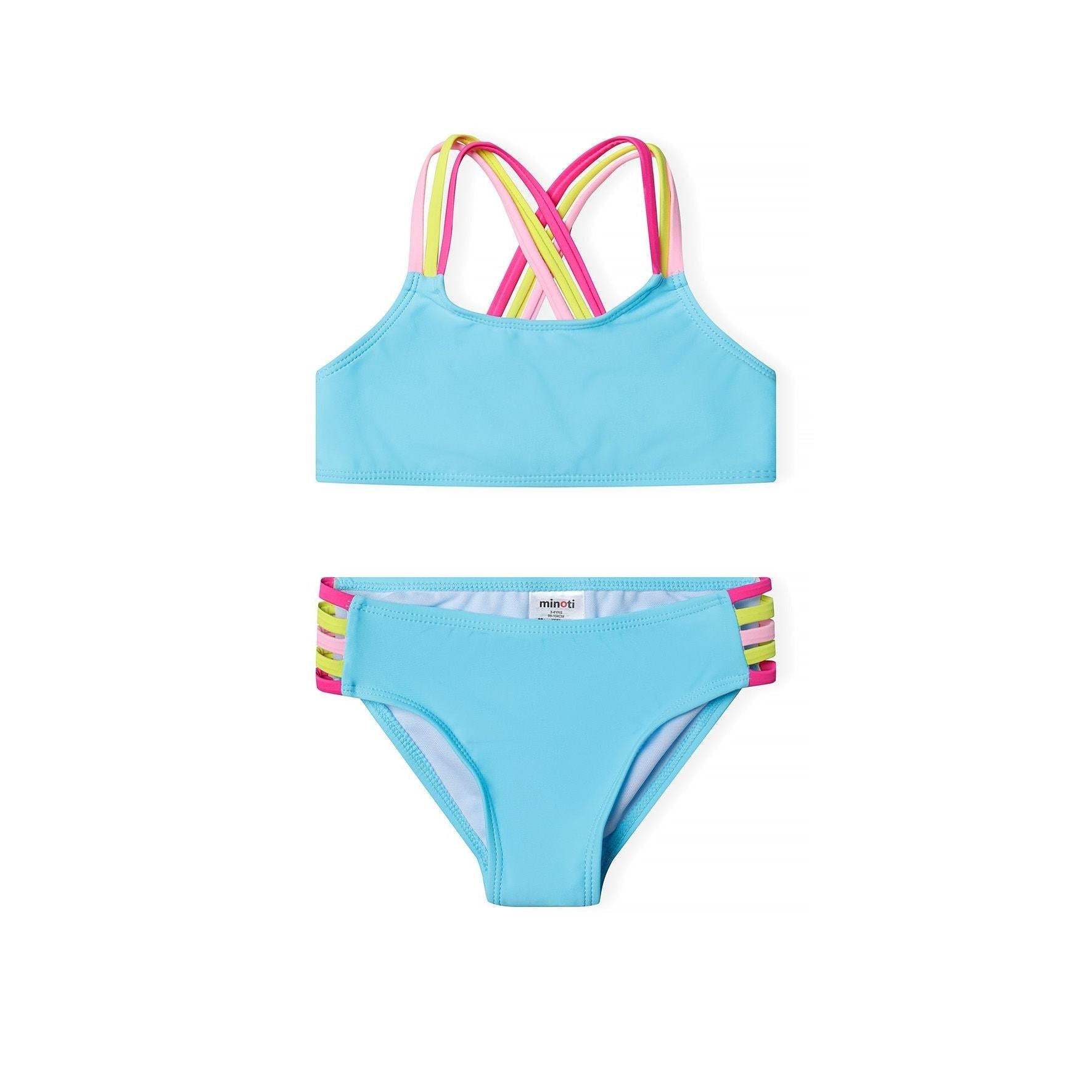 Turquoise bikini set with rainbow cross-back straps on white background, showing crop top and briefs with Minoti label