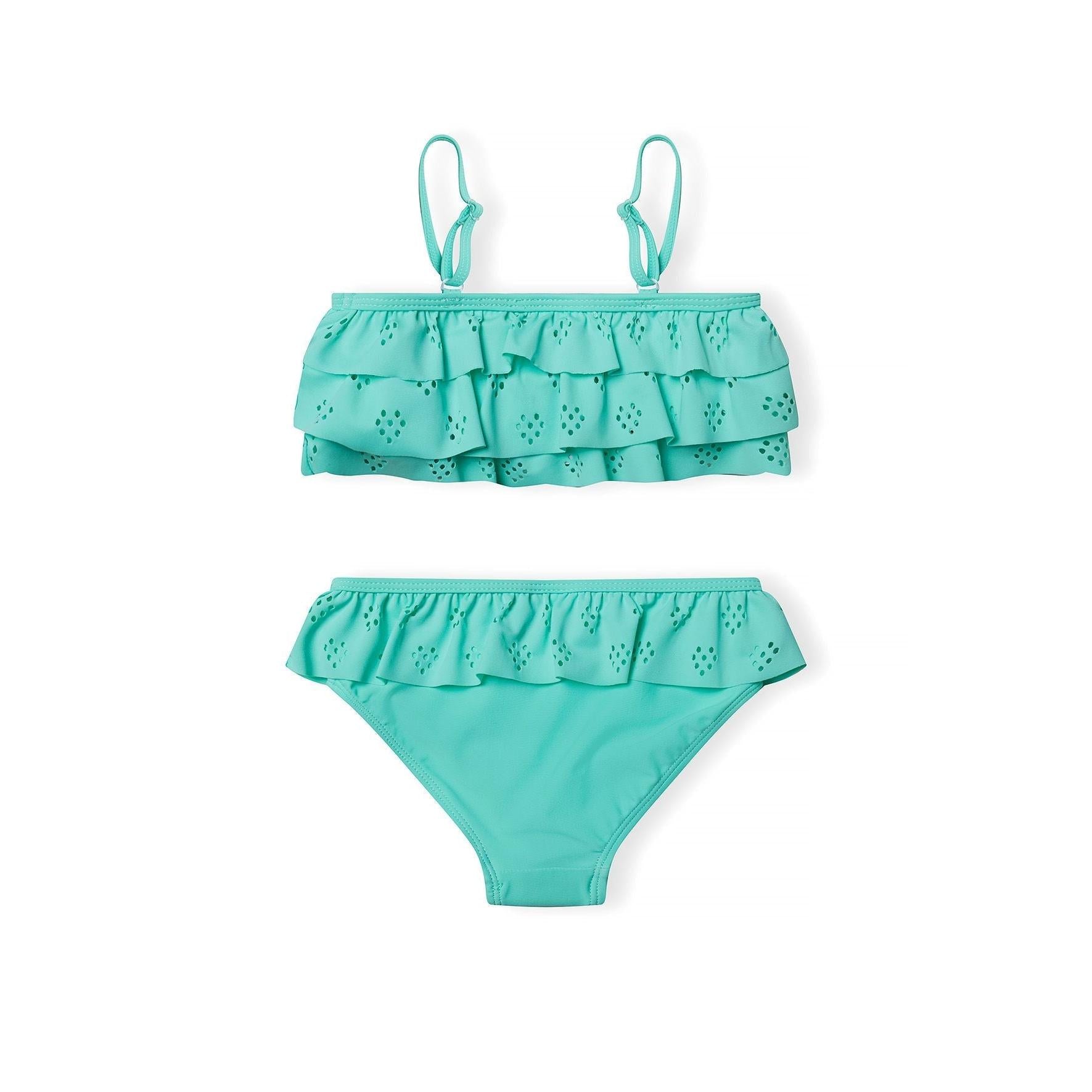 Close-up view of mint green bikini top showing eyelet embroidery and ruffle layers with adjustable straps