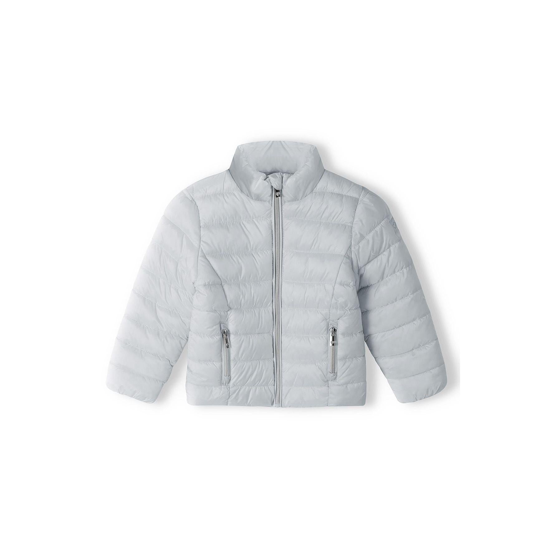 Back view of silver-grey quilted jacket laid flat showing horizontal quilted panels and overall construction