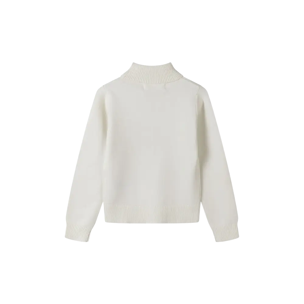 Back view of cream fine knit turtleneck jumper showing ribbed turtleneck collar and hem details, flat lay on black background