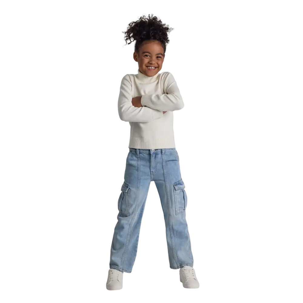 Front view of cream fine knit turtleneck jumper with ribbed collar, cuffs and hem, displayed flat against black background