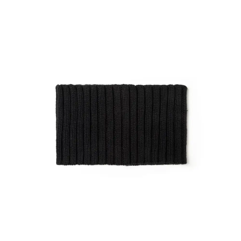 Black knitted snood laid flat showing full rectangular shape with ribbed texture pattern on white background
