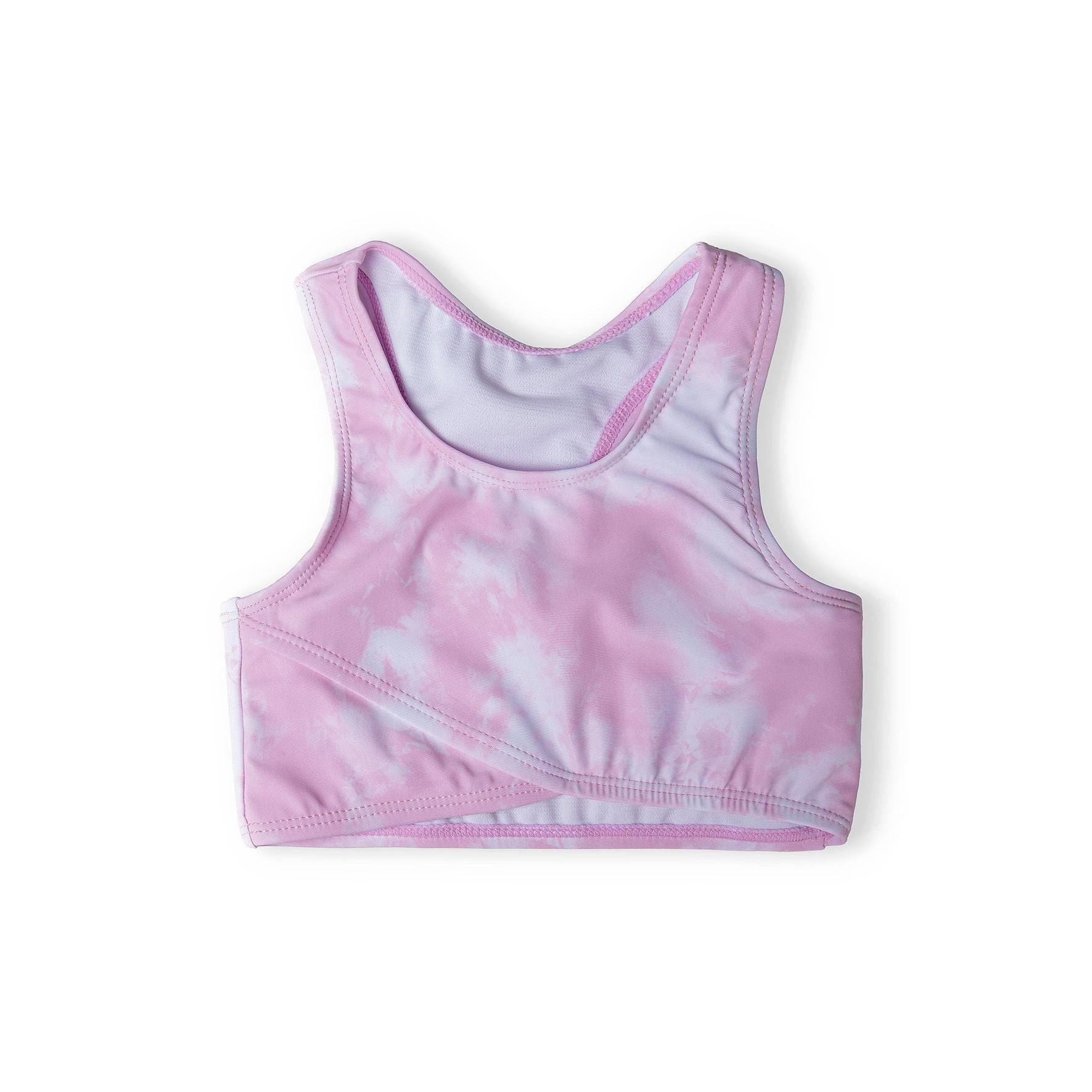 Back view of pink tie dye crossover bikini top showing racerback strap design and secure fit on white background
