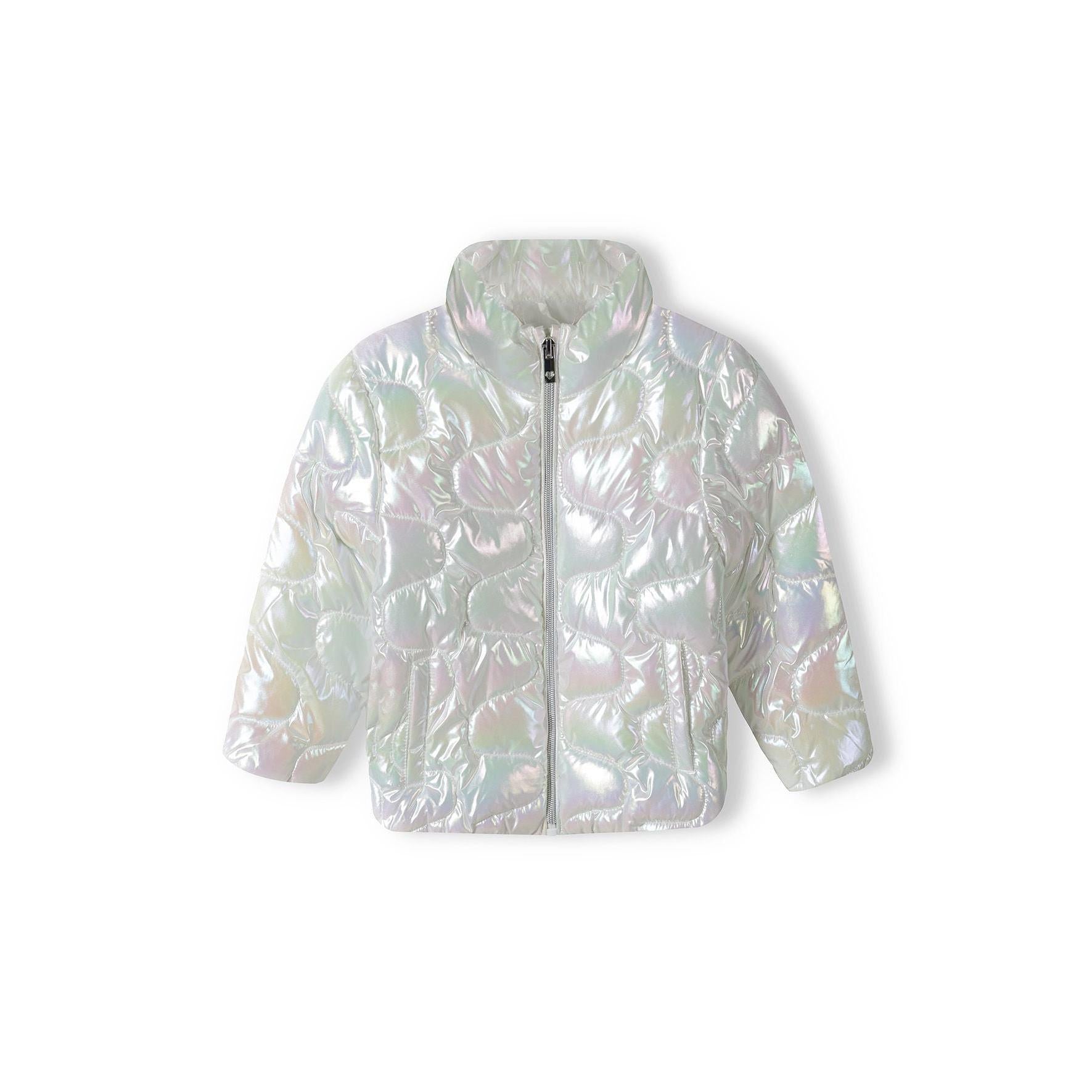 Back view of white iridescent quilted padded jacket showing diamond-shaped quilted pattern on white background