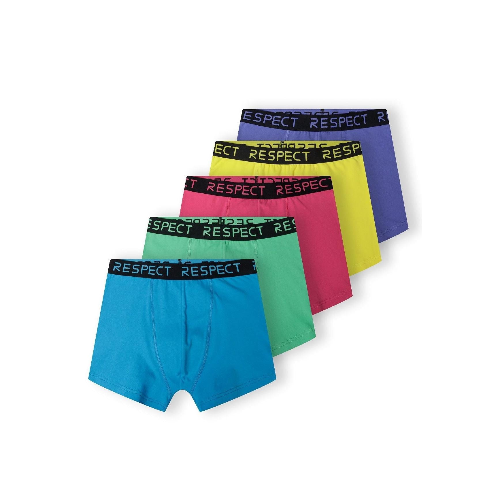 Five colourful boxer shorts arranged in a fan display showing blue, green, pink, yellow and purple pairs with black Respect branded waistbands against white background