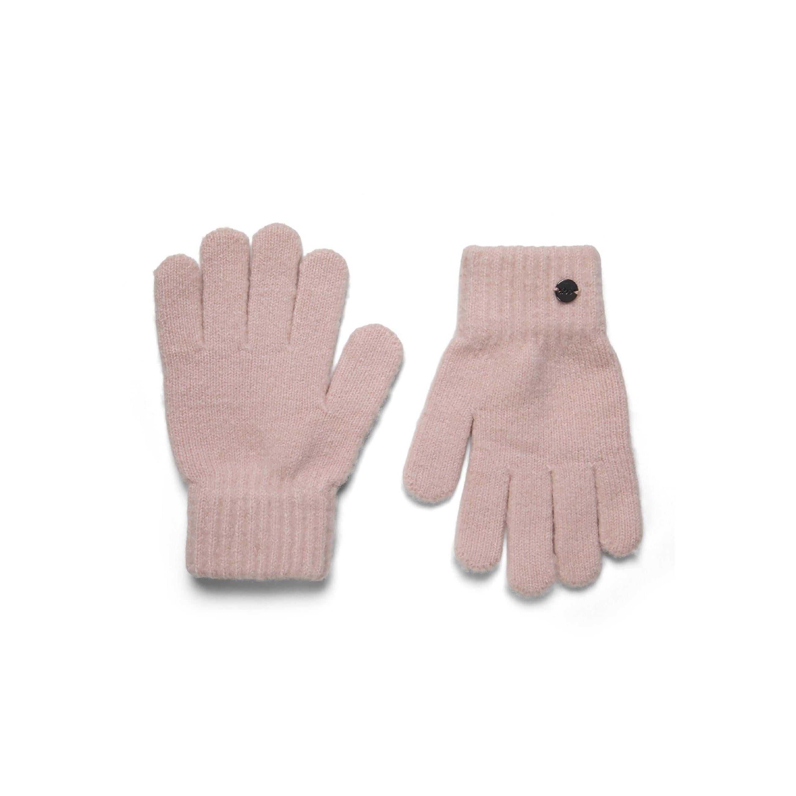 Pair of pale pink ribbed knit gloves with small dark button detail on white background
