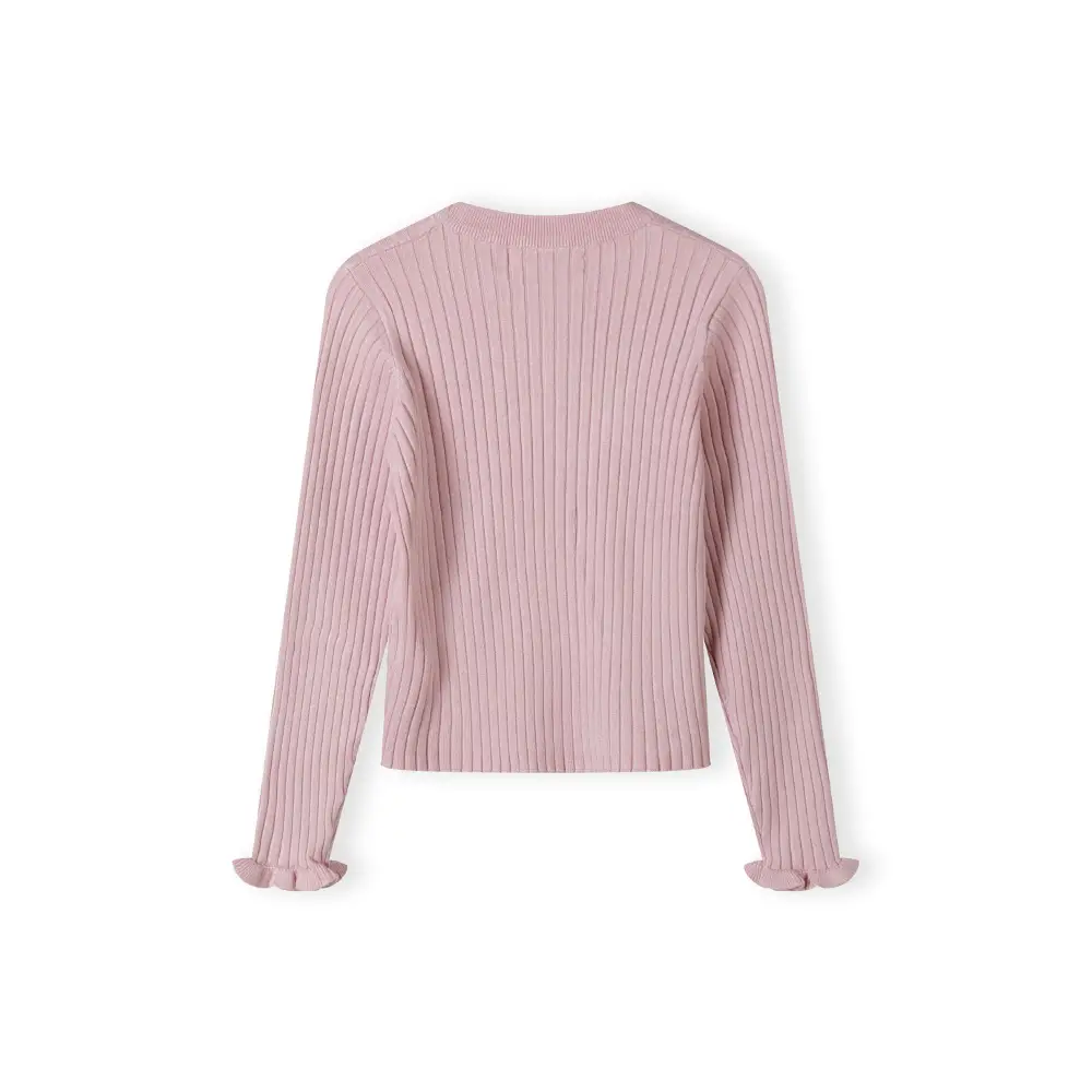 Light pink ribbed jumper laid flat showing back view with long sleeves and frill cuff details against white background