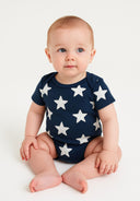 Babies short sleeved bodysuits with animal print navy 0-18m featuring a navy design with white stars. Soft, breathable fabric for comfort.