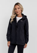 Women packaway waterproof jacket with hood black 36-48. Lightweight design with hidden hood, zip fastening, and front pockets.