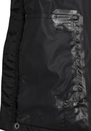 Close-up of the black waterproof fabric with sealed seams showcasing the jacket's durable and functional design.