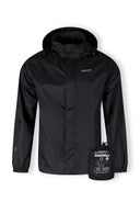 Black waterproof jacket with zip front and packaway hood, shown alongside its compact packaway pouch for easy storage.