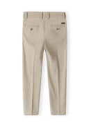 Stone colour formal trousers for boys with adjustable waistband and buttoned back pockets design.