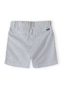 Back view of boys tailored navy striped cotton shorts with mid-rise design and rear pockets
