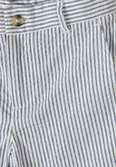 Close-up of tailored navy striped cotton shorts featuring detailed stitching and a brown button closure design.