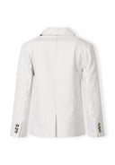 Back view of boys cotton blazer with stone striped fabric and notch collar showcasing tailored design details