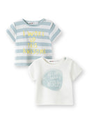 Babies 2 pack short sleeve t-shirts striped print white 0-12m. One striped with text, one white with a print. Soft cotton fabric for comfort.