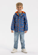 Boys rain jacket printed cobalt blue 1-6y featuring vibrant orange pattern, zip fastening, and hood for wet weather protection.