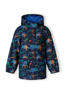 Boys rain jacket printed navy 1-6y with colorful animal patterns, lightweight fabric, designed for comfort and movement.