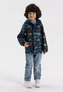 Boys rain jacket printed navy 1-6y with colorful animal pattern, lightweight fabric, designed for ages 1-6.