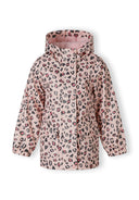 Girls rain jacket with hood light pink 1-6y featuring a playful all-over leopard print, water-resistant fabric, and a comfortable fit.
