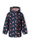 Girls rain jacket printed navy 1-6y, waterproof, featuring a colorful pattern, zip-up front, with an attached hood.