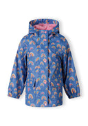 Girls rain jacket printed cobalt blue 1-6y featuring a vibrant rainbow print, water-resistant fabric, and a cozy hood.