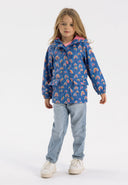 Girls rain jacket printed cobalt blue 1-6y with a colorful rainbow design, water-resistant material, ideal for outdoor play.