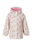 Girls rain jacket printed cream 1-6y in cream with colorful unicorn and rainbow print, lightweight and water-resistant.