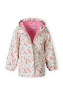 Girls rain jacket printed cream 1-6y featuring a vibrant unicorn and rainbow design with a pink lining and adjustable hood.