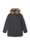 Men winter parka jacket faux fur hood dark grey with waterproof outer shell and insulated padding for warmth.